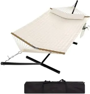Beige Hammock with Stand, Heavy Duty Portable Steel Frame Hammocks with Quilted Fabric, Outdoor Patio/Camping Hammock with Pillow and Carrying Bag