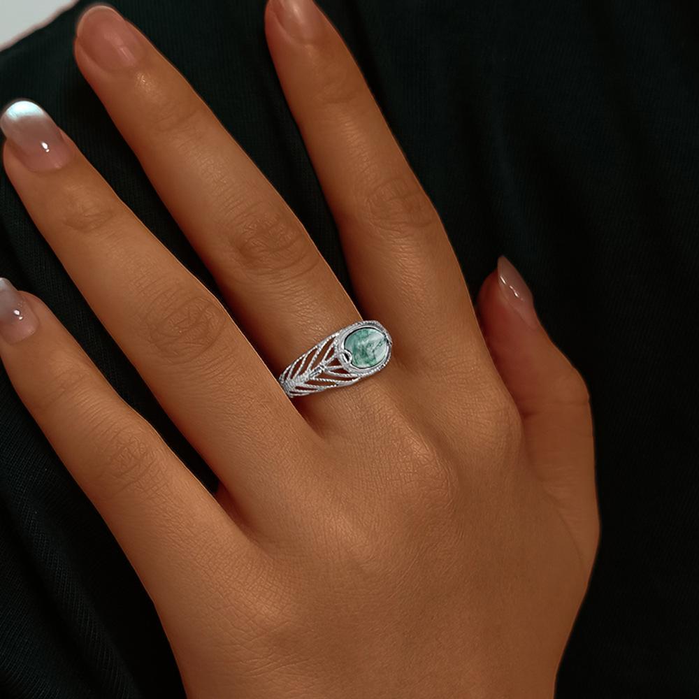 Vintage 925 Sterling Silver Moss Agate Ring for Women  Band Filigree Leaf Design Natural Green Stone Statement Jewelry Boho Aesthetic Promise Ring Birthday Gift for Her
