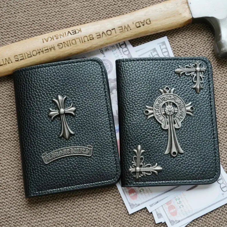 [On Sale]Vintage Men’s Gothic Style Wallet – Black Bifold Wallet with  Silver Cross Decoration, Compact Card Holder Cash Wallet for Daily Carry