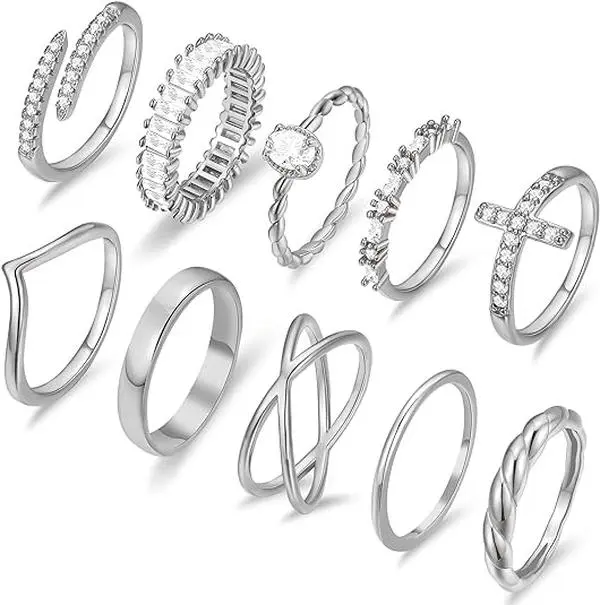 10 Pcs Silver Plated Rings - Gold Knuckle Rings -Non Tarnish-Simple Thumb Stacking Rings