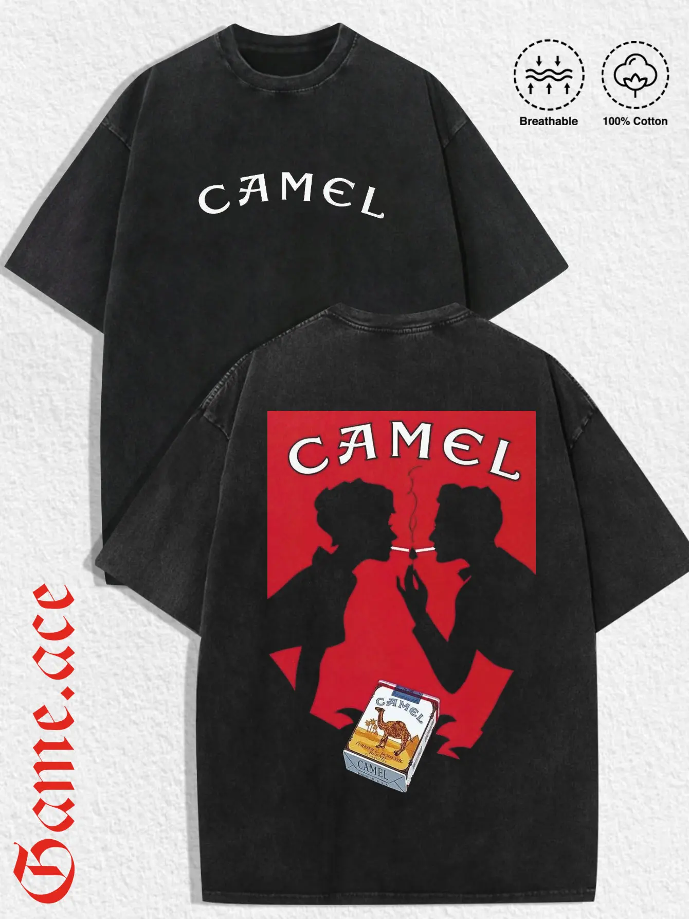 GAME.ACE Retro Washed Black Oversized Tee, Featuring Bold "CAMEL" Lettering and Red Graphic Print, Casual Vintage Streetwear, 100% Cotton Breathable Unisex T-Shirt, Ideal for Daily Wear, Casual Outings, Streetwear Meetups,Great Gift for Retro Style Lovers
