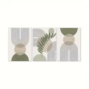 Bohemian Sage Green Geometric Wall Decor 3-Piece Set, Mid-Century Modern Art Prints, Abstract Botanical Art Prints, Minimalist Bohemian Green Wall Decor, Suitable for Living Room, Bedroom, Office Decoration, Modern Home Decoration, Frameless