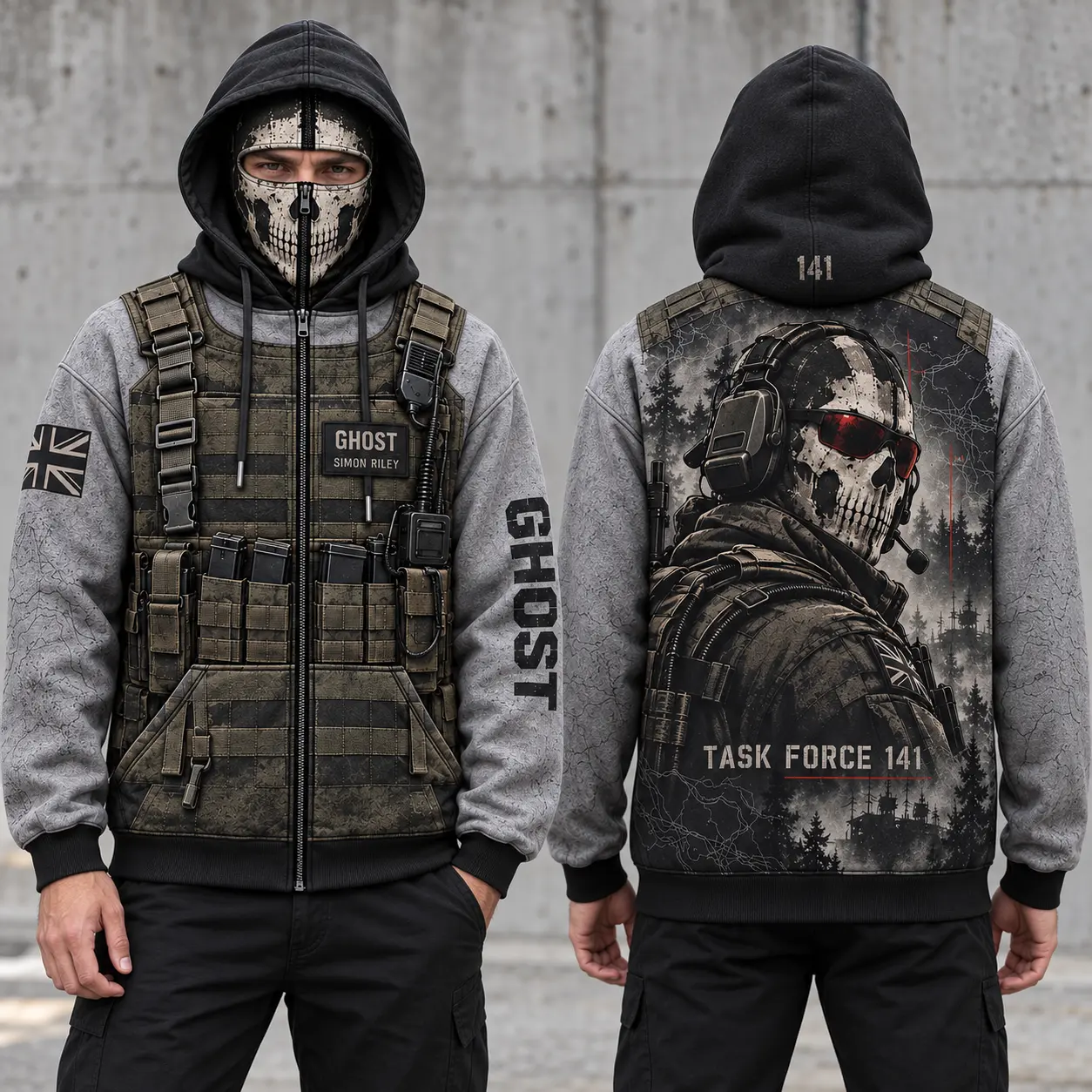 Call of Duty Ghost Mens Full-Zip Balaclava Hoodie, Simon Riley Built-In Skull Mask Jacket, Task Force 141 Plate Carrier All-Over Print Sweatshirt, Tactical Gamer Gift