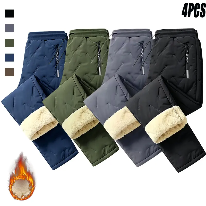 4-pack men’s plus-size fleece-lined cotton pants, Korean-style loose casual design, thickened plush lining that is skin-friendly and retains warmth, textured stitched seams that don’t shift or deform, zippered pockets for storing essentials, relaxed fit t