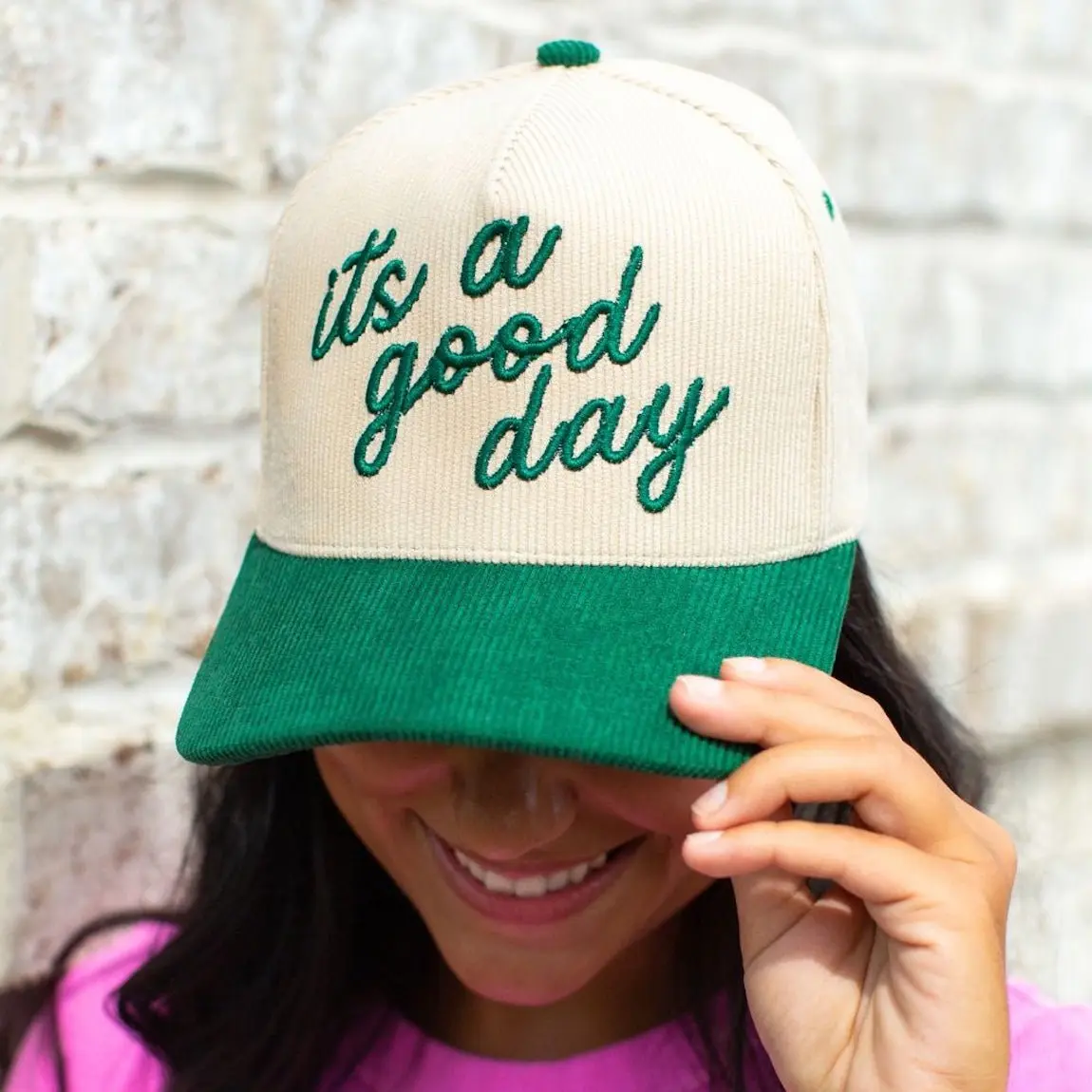 "It's A Good Day" Graphic Evergreen Corduroy Hat - Female Casual Trendy Hat, Bold Style Cap, Fashion Accessory for Daily Wear