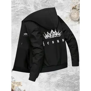 Bmuvlss Men's Slim-Fit Hooded Jacket with Crown & Jesus Print - Full-Zip Christian Faith Design Coat, Machine Washable Winter Outerwear, Casual to Formal Style for Church Events & Casual Attire (Grey/Black), Relaxed Fit with Front Zipper Closure, No Linin