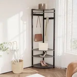 Gray Hall Tree with Storage Bench,Entryway Coat Rack with Shelf,Corner Coat Rack with 6 Double Hooks,Wooden Hanger Stand for Jackets Hats and Shoes