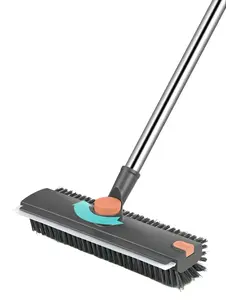 AIR U+ Floor Scrub Brush with Long Handle, 3 in 1 Scrape and Heavy-Duty Stiff Bristle Scrubber Brush for Cleaning Shower Bathroom, Patio, Pool, Garage, Kitchen, Wall and Deck. Water Broom Rotating