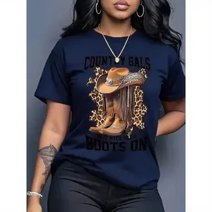 100% Cotton Women's Summer Top Western Cowboy Girl Pattern T-Shirt - Red Country Music Design, Comes with Boots and Hat, Casual Summer T-Shirt, Blend, Machine Washable, Western T-Shirt 180g country concert outfits shirts women vintage graphic tees