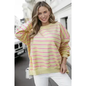 Yellow Stripe Stylish Overlap Detail Drop Shoulder Pullover Sweatshirt