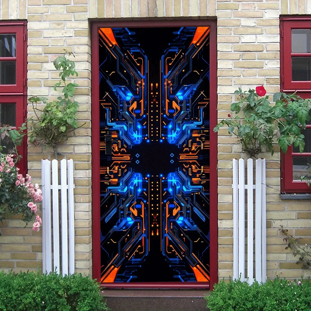 2pcs Cyberpunk Circuit Board Door Sticker LED Light Up Geometric Lines Wall Decal Self Adhesive Removable Home Decor for Living Room Bedroom Gaming Room Background Wall Art