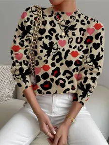 Women's Cartoon Colorblock Print Stand Collar Sweater, Long Sleeve Cozy Knit Top for Autumn & Winter, Elegant Casual Daily Wear, Womenswear