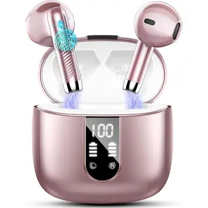 Wireless earbuds Bluetooth 5.4 with ENC mic, 40H playtime led case, IP7 waterproof earphones for gym/running/travel-iOS/Android rose gold Audio Charging