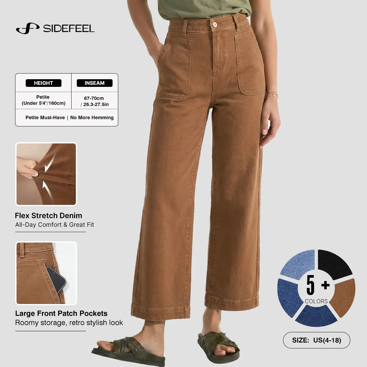 Sidefeel Women's High Waist Petite Wide Leg Jeans |Flex Stretch Denim, Large Front Patch Pockets, Cropped Ankle Length, Retro Stylish Look, Soft Comfy Fit, Casual Daily Wear
