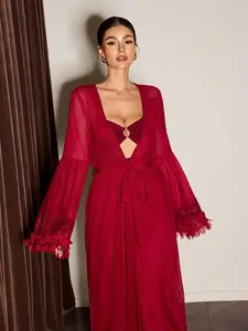 Women's Mature Sexy Ring Cutout Ruffle Slit Strap Dress and Lace Patchwork Embroidered Mesh Tie Sleepwear Robe Set