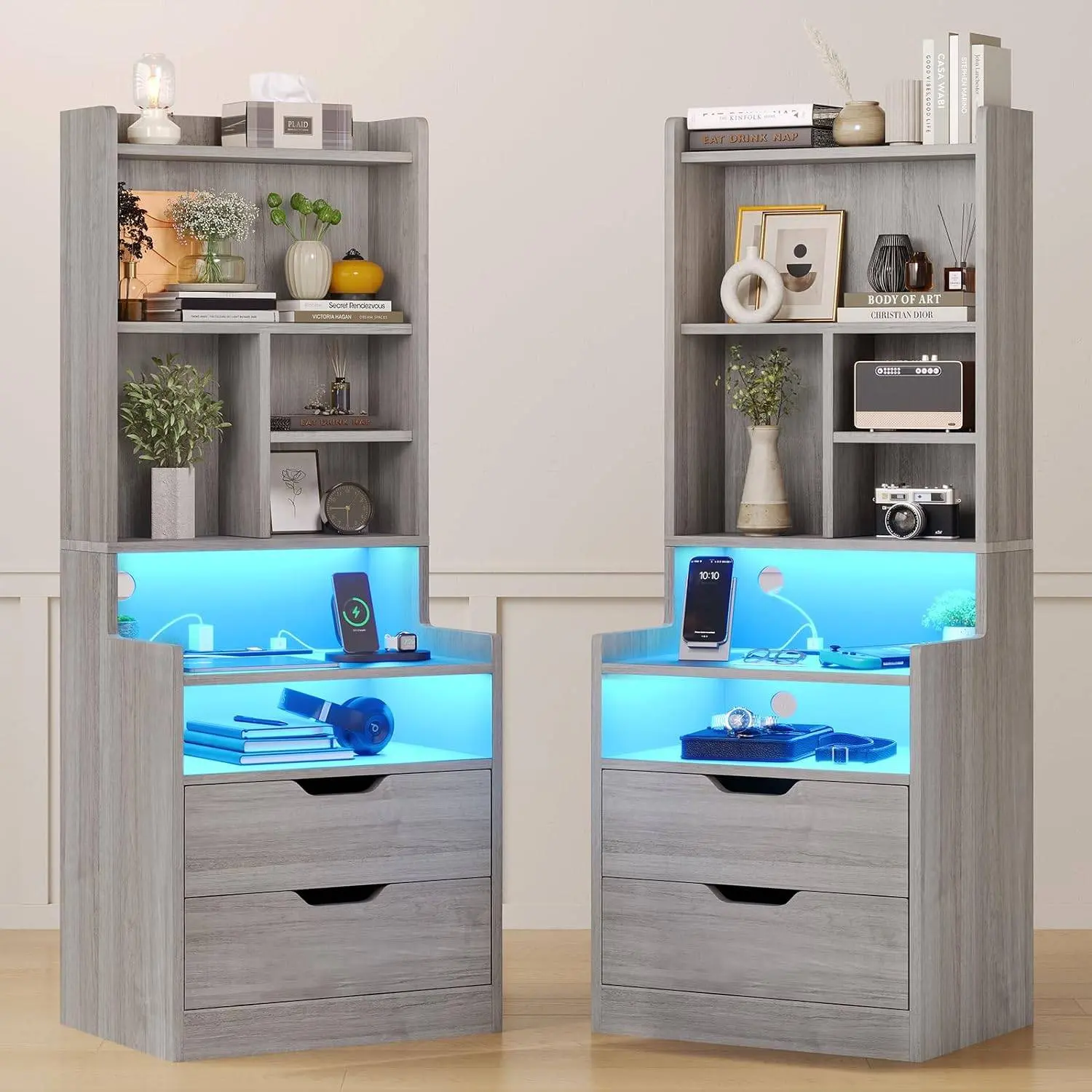 SIKAIC Tall LED Nightstand Set with Charging Station - Grey Bedside Tables for Small Spaces, Bookshelf Storage, and Dual-Use Drawer for Bedroom