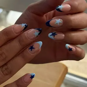 Change Your Nails, 24pcs French Star Cartoon Almond Press-On Nails with Jelly Glue & Nail File, Perfect for Festive Wear, Daily Use, School, Office, Party, Nail Art Design