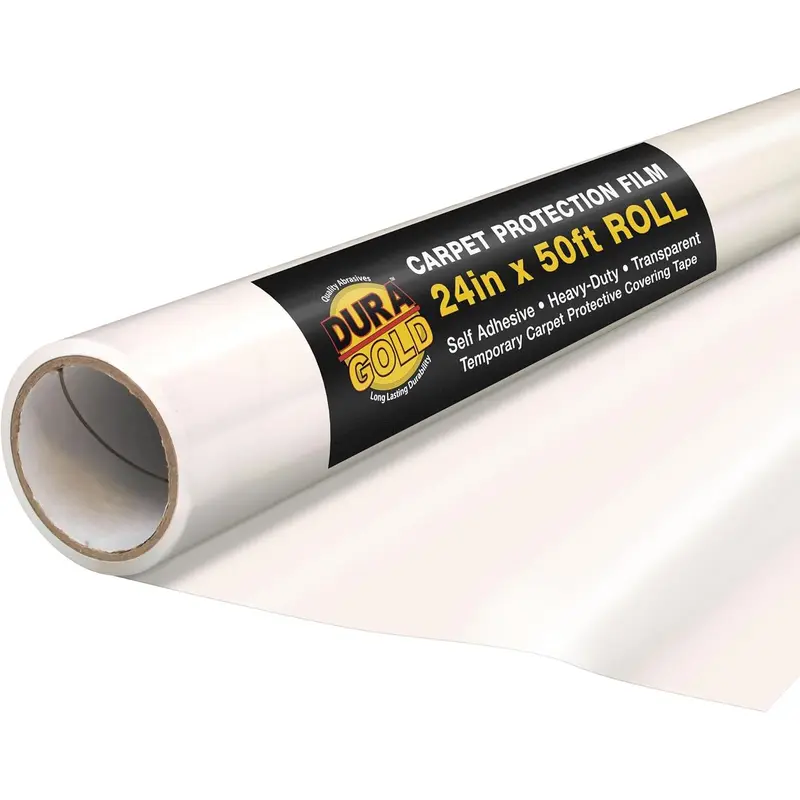 Dura-Gold Carpet Protection Film, 24-inch x 50-Foot Roll, Clear Plastic Carpet Protector, Self-Adhesive Plastic for Temporary Stair, Rug, and Floor Protection