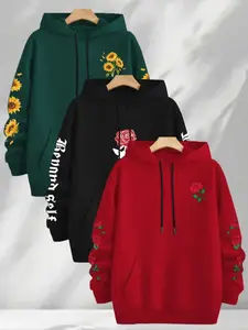 Men's Fall Winter Floral Hoodie Set, Casual Fitted Pullover with Drawstring, Multiple Colors Available, 3-Piece Pack