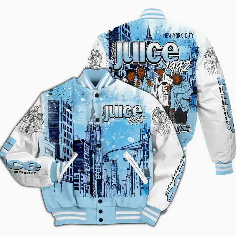Legend Blue 11s Matching Varsity Jacket - You Got The Juice Print Cityscape Oversized Fit, Unisex Varsity Baseball Jacket, Casual Sport Streetwear Coat