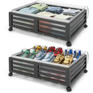 Bed with Wheels-Large Bamboo Underbed Containers with Large Dust Bag Stackable the Bed Shoe Bins for Clothes Books Bedding (2 Packs Black, 23.62"L*16.54"W* 6.51"H)