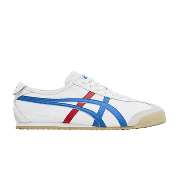Onitsuka Tiger Mexico 66 2023 Leather Athletic Trainer for Men and Women, White and Blue Casual Low-Top Shoe with Iconic Stripes