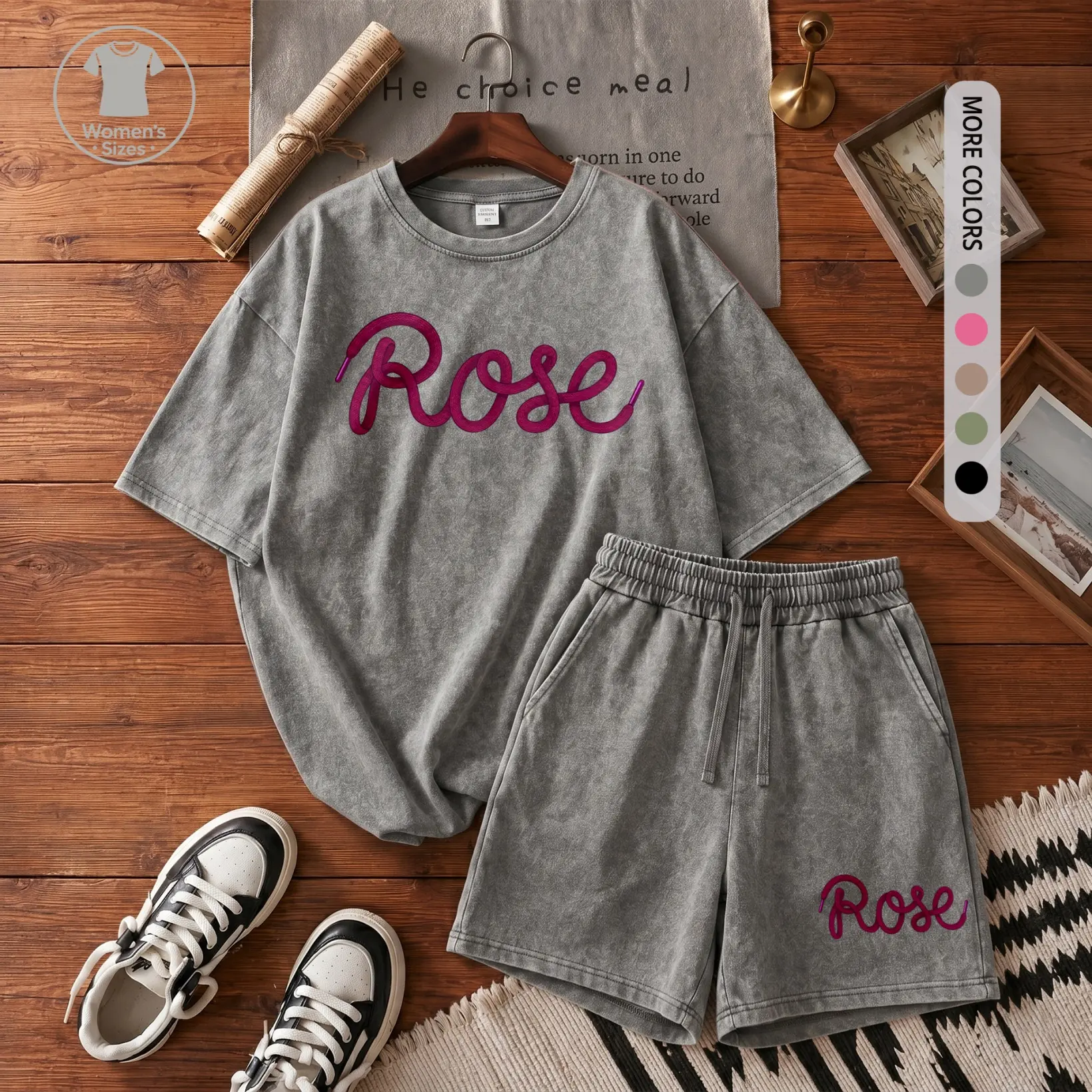 Women’s 100% Cotton Minimalist Letter Graphic Washed Tee & Loose Bermuda Shorts Set, Relaxed Two-Piece Outfit With Elastic Drawstring Waist, Trendy Casual Style