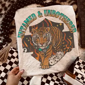Untamed & Unbothered Tiger Shirt, Retro vintage western women's graphic tees, western outfits women, country concert outfits, western clothing, she's country clothing, western stuff, cowgirl stuff, western tops clothes