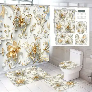 1/4pcs Luxury Gold & White Floral Butterfly Bathroom Shower Curtain Set, Matching Mats, Toilet Cover with Diamond Accents - Elegant Decor for Spring, Easter, Mother's Day, Valentine's Day, Perfect Gift for Bathroom Makeover