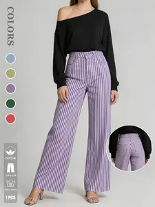 Women's Straight Leg Loose Fit Cotton Jeans, Conceal Fat Slimming, Fashion Style Striped Wide Leg Denim Jeans, Daily Wear/commute/leisure Party