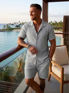 Men's 2-Piece Soft Polyester-Cotton Ribbed Tracksuit - Plain, Stylish Fashion Short-Sleeve Button-Down Shirt & Pleated Shorts, Casual Beach Vacation Menswear