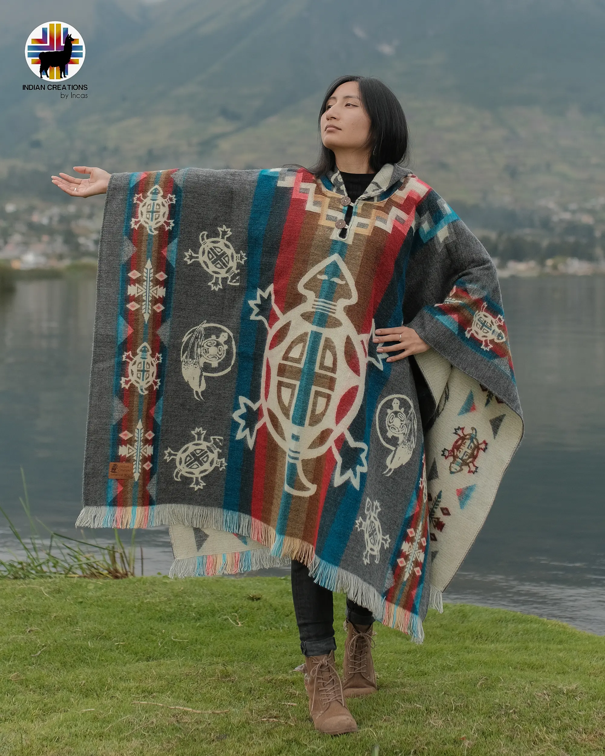 Indian Creations Grey Turtles Alpaca Wool Poncho Handmade in Ecuadorian Andes Unisex Winter Hoodie Sweatshirts for Women & Men