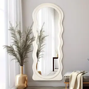 63 "X24" Irregular Wavy Full-Length Mirror Wall Mounted Floor Mirror with Vertical Ivory Flannel Frame Inclined Hanging Wall Mirror for Bedroom
