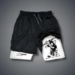 Jujutsu Kaisen Anime 80s 90s Double-Layer Sports Shorts Graphic Shorts Black Camo Streetwear Shorts Men Outfits Men Vacation Outfits Shorts