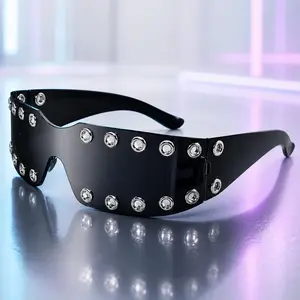 Y2K Cyberpunk Sunglasses for Women Men, Futuristic Wrap Around Rimless Shield Shades, UV400 Trendy Rave Festival Party Glasses