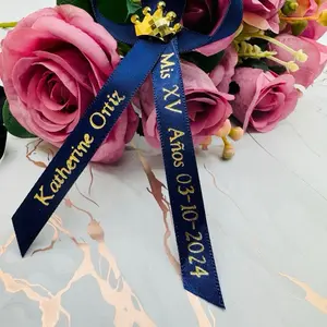 Personalized Quinceañera & Baptism Ribbons - Blue Customized Event Decorations with White Rose Accent for Special Celebrations