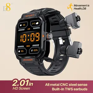 D8 2in1 TWS earbuds smartwatch, built-in headset (receiving/making calls) for mobile phones, large 2.01'IPS display, all metal CNCsteel sense,extra long standby, square watch, best gift Smart Watch with Earbuds,Rugged Military Smartwatch for Men