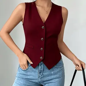 Old money aesthetic sleeveless tailored vest | Elegant V-Neck button up crop blazer top