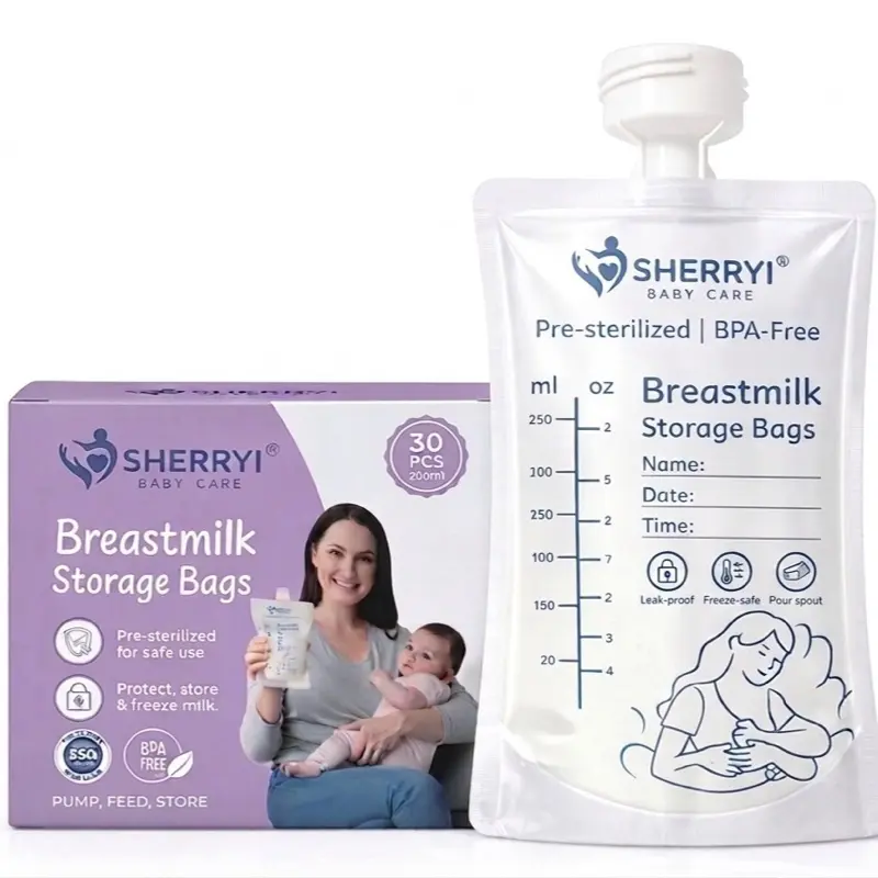 Sherryi Breast Milk Storage Bags with Adapter – Direct Pump, Leak Proof, BPA Free, 30 Count