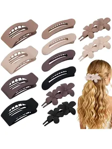 12 Pack Flat Hair Clips for Women – Matte Neutral Square Claw Clips, Flat Barrettes & Flower Pins in Black, Blonde,Light Brown & Dark Brown, Soft Touch Hair Accessories for Thick & Thin Hair, Hair Clip Set