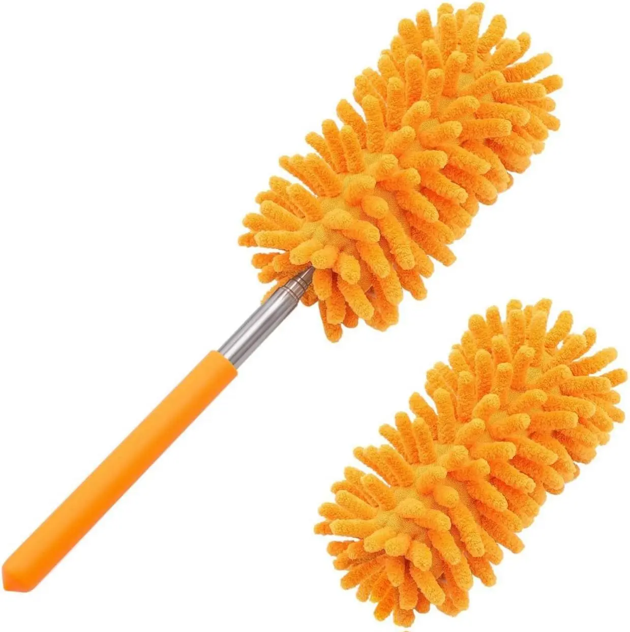 Tukuos Plastic Household Microfiber Duster Brush with Retractable-Extendable Pole, Foldable, Bendable, Hand Washable, 2 Replaceable Removable Heads, Universal Cleaning Supply for Home Users, Office