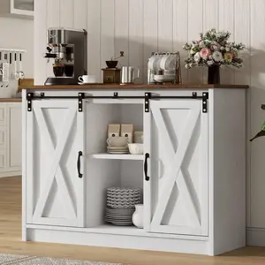 Farmhouse Sideboard Buffet Cabinet, Coffee Bar Cabinet  Sliding Barn Door & Wine Rack, Storage Cabinet  Shelves For Dining Room,White/ Brown/ Grey Wall Mounted Floating TV Stand with Lights
