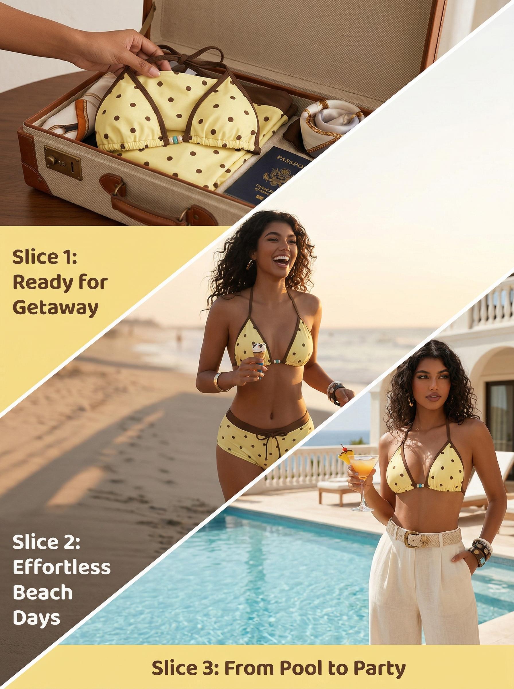 Women's Swimsuit bikini,retro yellow polkat Print vintage colour block swimsuit pants summer sets for/Going Out Outfits/Birthday