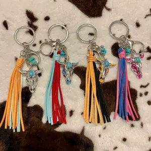 Cow skull western keychain with tassel Fabric glow in the dark skull