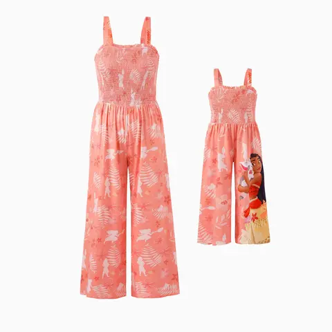 Disney Moana Mommy-and-Me Smocked Sling Wide-Leg Jumpsuits - Lightweight, Stretchy, Breathable, Comfortable Adjustable Polyester Tropical Beach Summer Outfits (Patpat New Collection for Mothers & Girls)