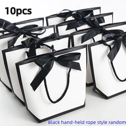10pcs Paper Bow Bags with Trim, Simple Solid Color Shopping Bags Gift Wrapped for Halloween, Thanksgiving, Christmas, Wedding, Party Use, Gift Wrapping Supplies