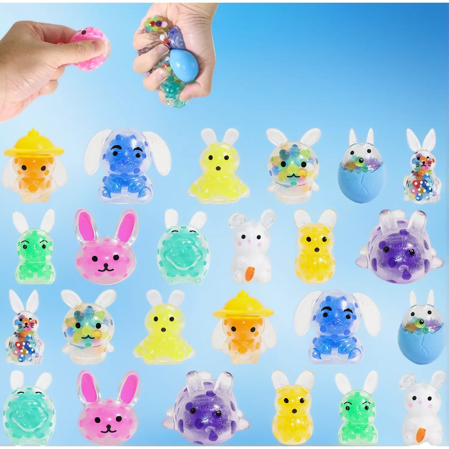 24 Pack Easter Squishies for Kids - Kawaii Mini Bunny Squeeze Toys, Bulk Squeezy Balls Set for Stress Relief & Anti-Anxiety, Easter Basket Fillers, Egg Fillers, Party Favors (Easter Bunny Design, 24pcs)