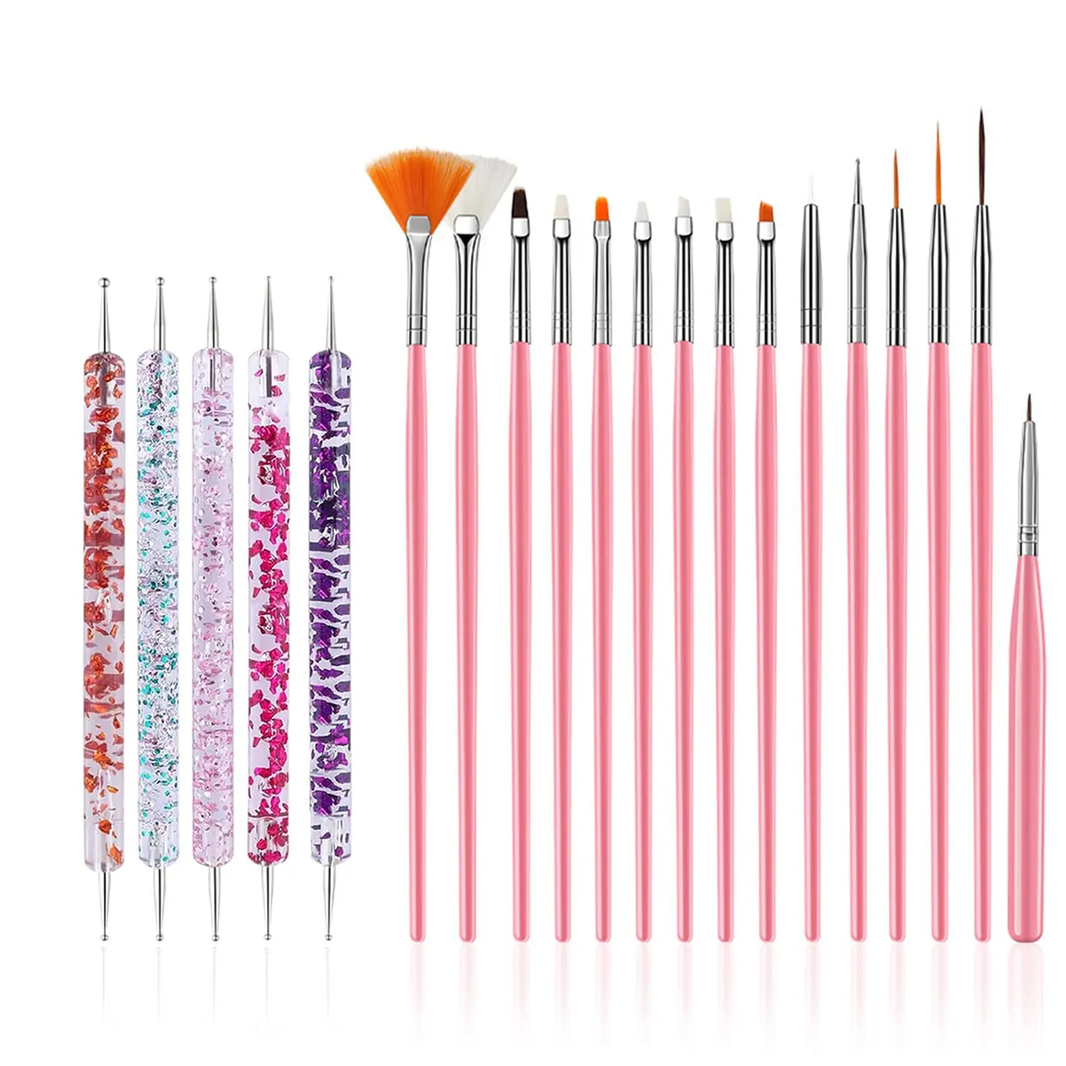 Summer Gift 20 Pcs Nail Art Design Tools, 15 Pcs Nail Art Painting Brushes with 5 Pcs Double-end Nail Dotting Tools
