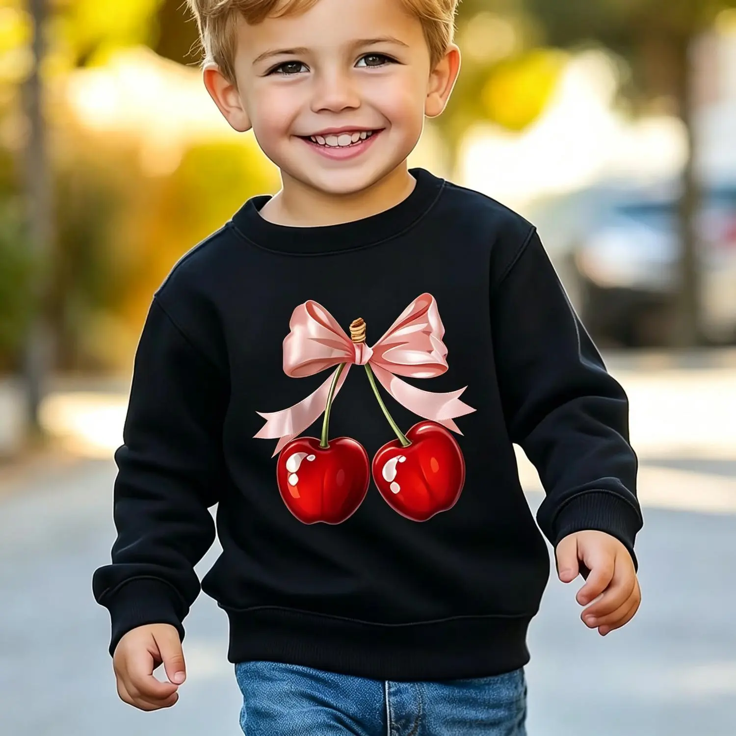 Cute Glossy Cherry Bow Graphic Childrens Crewneck Sweatshirt Aesthetic Long Sleeve Pullover Cozy Casual Trendy Cute Everyday Wear