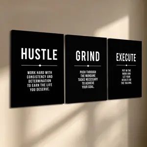 3 Pcs/Set Wooden-Framed Canvas Painting, Black & White Motivational Quote Triptych Canvas Wall Art, Hustle Grind Execute Print, Instant High-Motivation Decor for Home Office, Gym & Bedroom, Modern Home Decor, Fashion Artistic Ornaments, Artwork